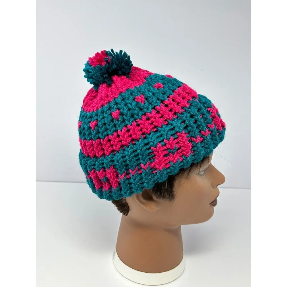 Women's Hand Knit Crochet Pink Teal Beanie Geometric Pattern Pom Pom Top R3